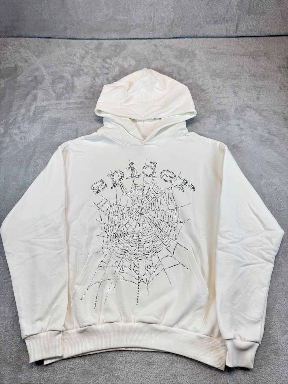 Sp5der White Rhinestone Spider Web Hoodie Men’s Brand New Fast Ship